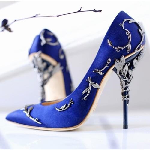 Elegant Satin Women Pumps with Metal Leaves High Heels Wedding Pumps Brand Design Pointed Toe High Heels Wedding Party Shoes