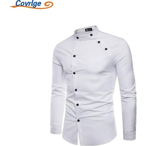 Covrlge Mens T-shirt Spring Autumn Solid Color Tailoring Double Placket Design Sense Square Collar Button Cotton Top MTL145