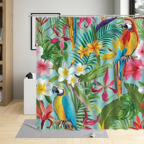 Summer Tropical Green Plants Parrot Shower Curtains Flower Leaves Bathroom Decor Palm Leaf Bird Animal Curtain With Hooks Sets