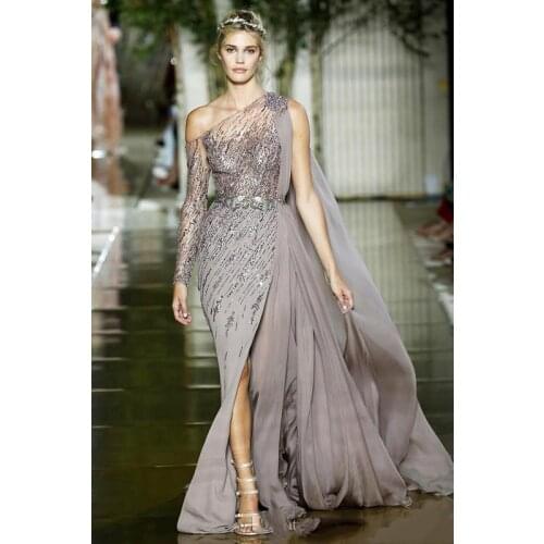 Skin Pink Luxurious Beaded African Evening Dresses Sheath High Split Lace Prom Dresses Satin Formal Party Pageant Gow