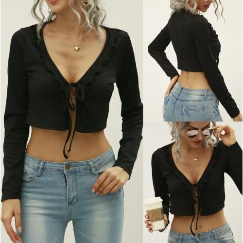 Autumn Womens Sexy Solid Crop Top Long Sleeve Ruffled Deep V-neck Top with Front Lace-up Short Sexy Waist Tops 2020 New Arrival