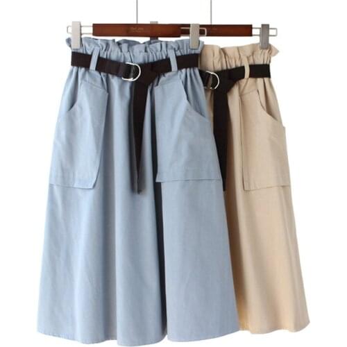 Casual Long Pleated Skirt Women For Autumn 2020 Elastic High-waist Pocket Long Cotton Skirts Womens Solid White Midi Skirt