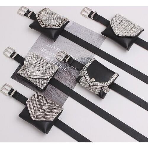 2019 Chic Fashion WOmen MIni Fanny Packs Bling Rhinestone Geometric Black PU Leather Waist Belt Detachable Waist Pack Coin Bags