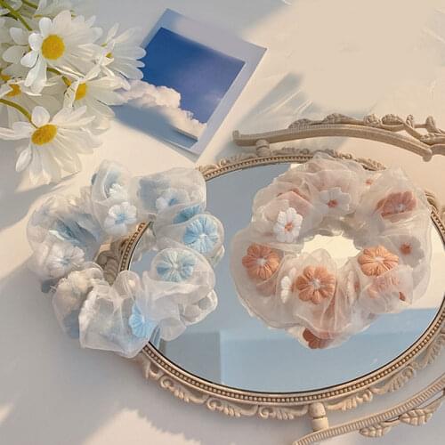 Organza Mesh Scrunchies Embroidery Flowers Hair Rope Ties Romantic Rubber band Hair Tie Ponytail Transparent Hair Accessories