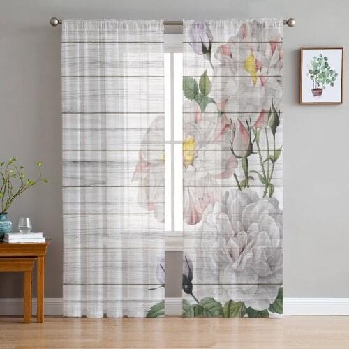 Youth Bedroom Sheer Curtains Wooden Board White Rose Kitchen Study Hanging Curtains Living Room Holiday Decor Tulle Curtains