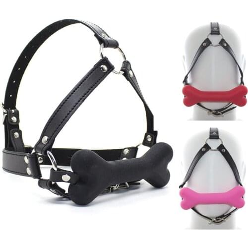 Puppy Play Dog Bone Bite Gag BDSM Bondage Silicone Open Mouth Plug Leather Head Harness Oral Fixation Slave Pet Roleplay Sex Toy