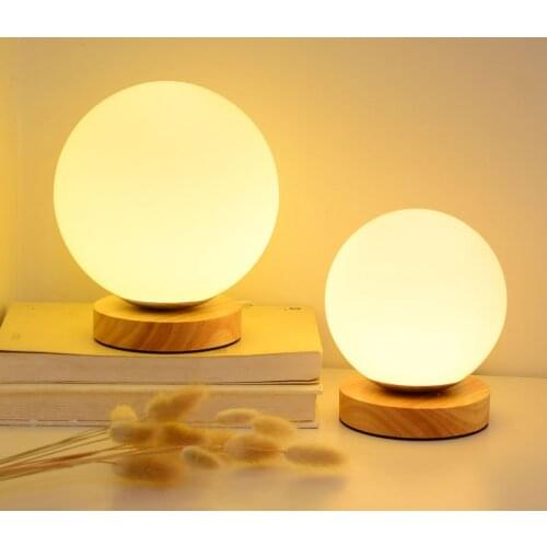 LED Bedside Table Lamp Usb Rechargeable Wood Base Ball Shaped Decorative Desk Night Light