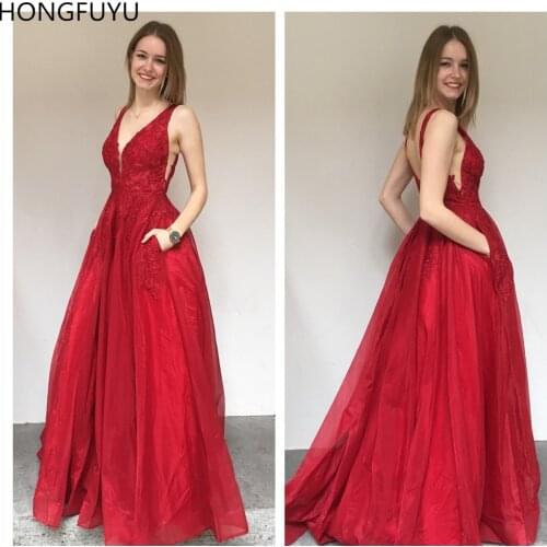 HONGFUYU Vestidos Elegantes V Neck A-line Evening Dresses 2021 Long Appliques Party Dress With Pockets robe de soiree Prom Gowns