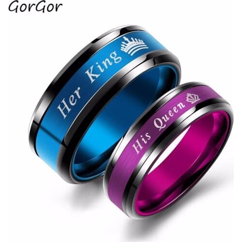 GorGor New Style Hot-selling Stylish Creative Accessories Blue Purple Her King His Queen Titanium Steel Couple Rings 649