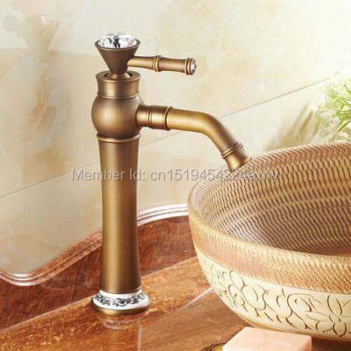Gizero Tall Level Faucet Antique Brass Crystal Mixer Bathroom Basin Mixer Diamond Handle Swivel Spout Ceramic Base GI57