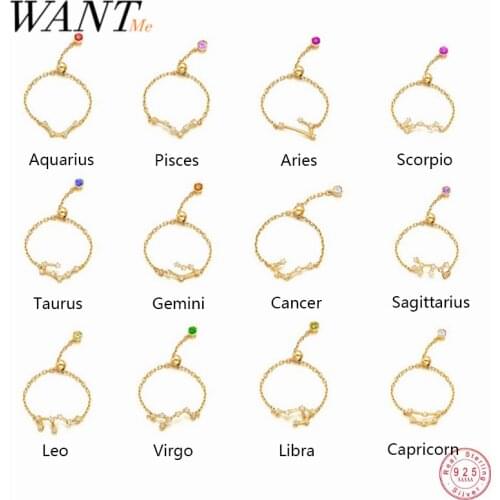WANTME 925 Sterling Silver Unique 12 Constellation Chain Link Adjustable Rings for Women Couple Zodiac Jewelry Celestial Gift