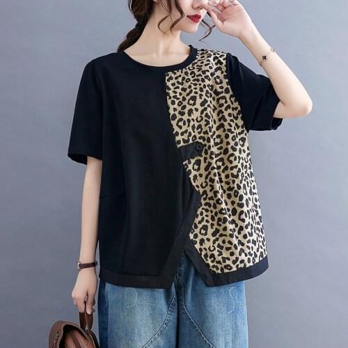 Women Summer Cotton Casual T-shirts New 2021 Simple Style Patchwork Leopard Print Loose Female Short Sleeve Tops Tees B197