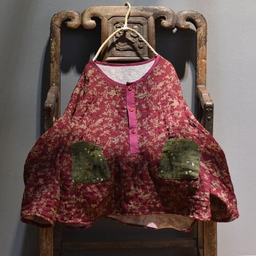 Women Shirt Print Floral O neck Pockets 2020 Spring Autumn New Cotton Linen Long Sleeve Fashion Women Big Size Blouse
