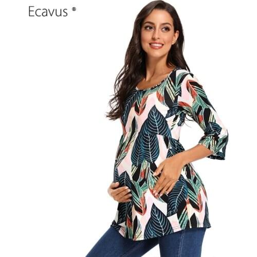 Womens Casual Maternity Tops Printing Peplum Maternity 3/4 Ruffle Sleeve Shirt Vintage Floral Top Ultra Soft Pregnancy Clothing