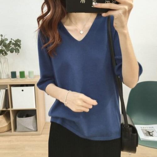 Women Spring Summer Style Knitted Sweater Pullovers Lady Casual V-Neck Half Sleeve Pullovers Tops ZZ0025