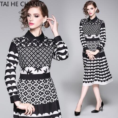 Women Dress New Fashion Retro Spring Summer Elegant Slim Bodycon Vintage Party Runway Print Shirt Office Work Maxi Dresses