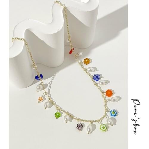 PerisBox Summer Jewelry Colorful Coloured Glaze Daisy Pearl Charm Necklace For Women Boho Rainbow Flower Pendant Choker