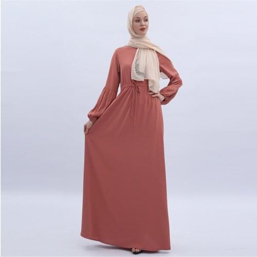 2021 Spot Solid Color Lantern Sleeve Elastic Cuff Dress Muslim Women