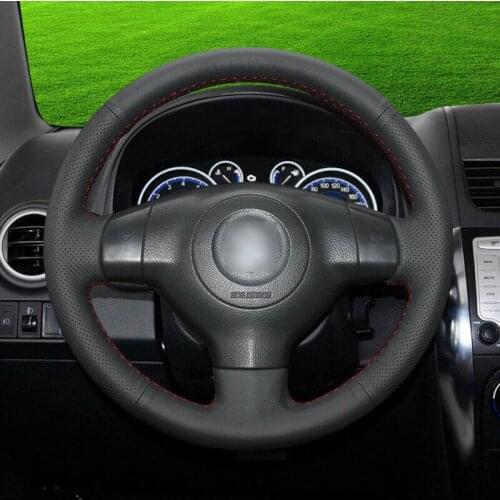 Black leather black red stitch car steering wheel cover for Suzuki Swift Vitara
