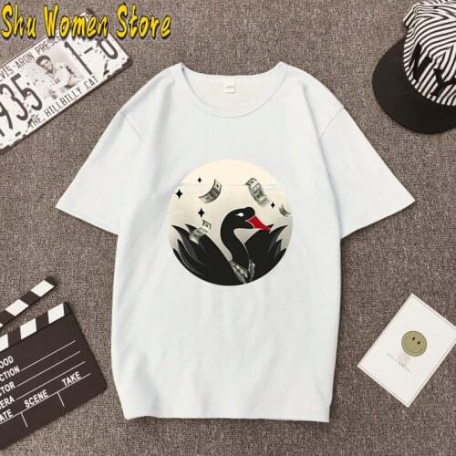 Short-Sleeved T-shirt Womens Clothing New Korean Style Spring and Summer Slim-Fit Sequin Swan Tshirt Girls Students Black Tee