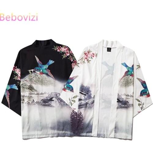 INS Swallow Print Chinese Style Street Japanese Harajuku Kimono Cosplay Fashion Male and Women Cardigan Blouse Top Asian Clothes