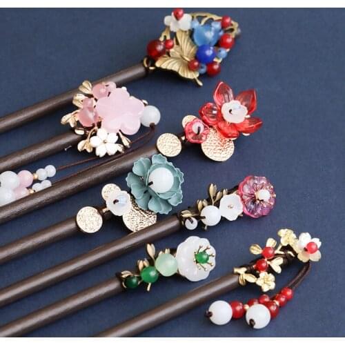 Chinese Ethnic Hairpin Hanfu Hair Accessories Tassel Ancient Wooden Hair Sticks For Women Flower Hairpins Headdress