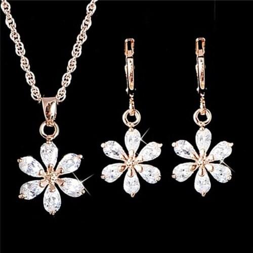 1Set High Quality Fashion Jewelry Set Rhinestone Flower Pendant Alloy Necklace Earrings Jewelry Set