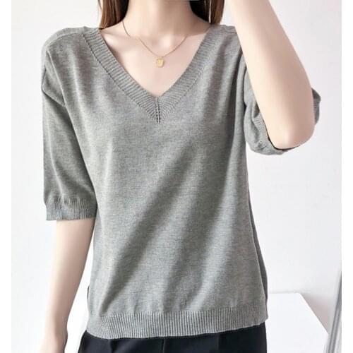 LJSXLS Solid Loose Knitted Thin Womens Sweater Summer Black Tops Femme Casual V-Neck Short Sleeve Pullovers Sweater Mujer 2021