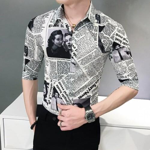2020 Asian Size Men Fashion Newspaper print Shirt Slim Fit 3/4 Sleeve Shirt Male Top Cotton Mens Shirt streetwear Male Shirt