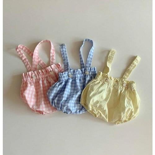 2021 Summer New Baby Clothes Thin Cotton Infant Bodysuit For Girls Plaid Overalls Baby Boy Strap Jumpsuit