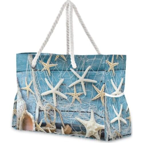 New Ladies Shoulder Bag Blue Ocean Seashell Beach Sand Prints Tote Shopping Bag Linen Fabric Beautiful Casual Practical Handbag