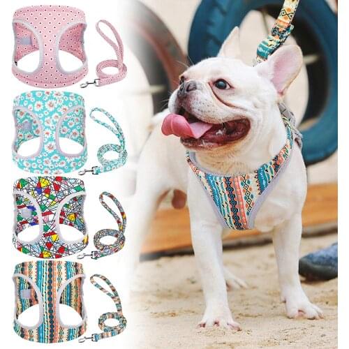 Reflective Dog Harness Soft Mesh Pet Puppy Harness Leash Set Fashion Printed Small Medium Dogs Vest Harnesses French Bulldog