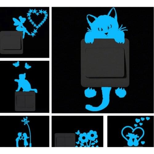 Blue-light Luminous Switch Sticker Cartoon Wall Stickers Glowing Wall Sticker Home Room Decor Cat Dog Car Kiss Stickers Decor