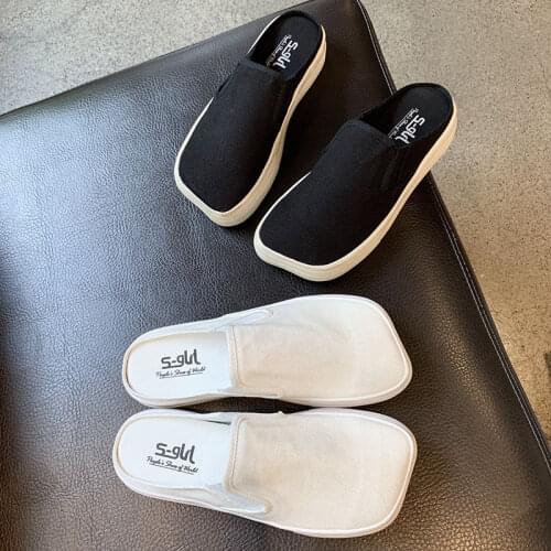 Dirty Shoes Canvas Half Slippers Female 2021 New Summer Thick Bottom Baotou Stree Style Lazy Sports Sandles Tide White Black