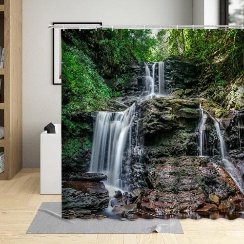 Forest Waterfall Shower Curtains Green Natural Scenery Landscape Curtain Set Bathroom Waterproof With Hooks Polyester Wall Cloth
