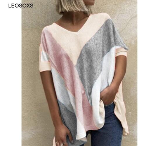 Summer New Womens V-neck Color Matching Printed T-shirt Loose Casual Top Fashion Loose Vetement Femme 2021