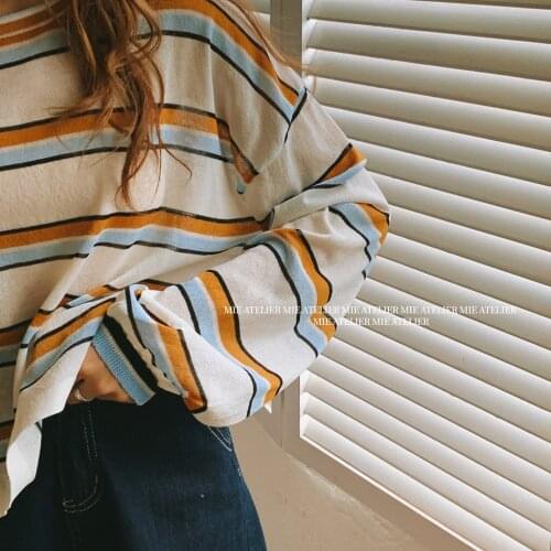 Fashion Ice Silk Cotton Hemp Solid Color Stripe Loose Knit T-shirt Womens Summer O-neck Crop Tops Long Sleeve Streetwear