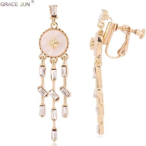 GRACE JUN New Fashion Crystal Shell Clip on Earrings No Pierced geometric long Tassel Gold Color Ears Pierced Dangle Earrings