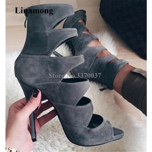 Autumn New Fashion Women Peep Toe Suede Leather Stiletto Heel Short Gladiator Boots Dark Grey Cut-out High Heel Ankle Booties