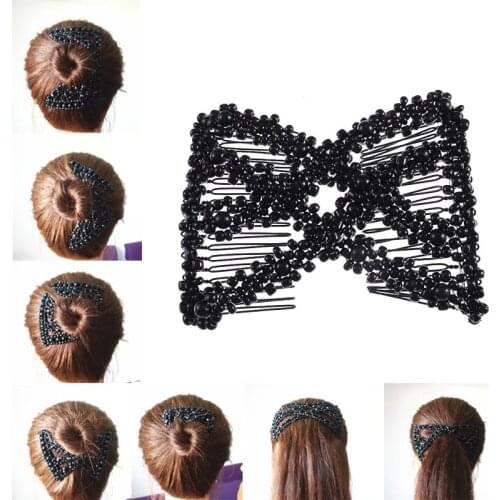 Women Pearl Beads Elastic Hair Combs Double Slide Magic Bun DIY Hairstyle Making Tool Metal Novelty Hair Clip Accessories