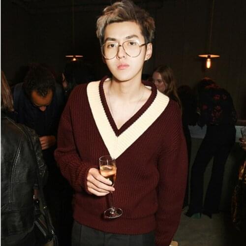 Kpop EXO Women Sexy V-Neck Knitted Sweater Elegant Long Sleeve Pullover Tops ladies Autumn Winter warm Casual splice Sweaters