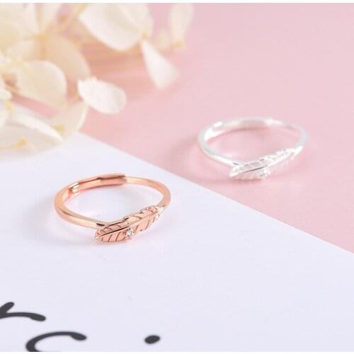 S925 925 Sterling Silver Stone Zircon Open Feather Ring Leaf Ring Female Rose Gold Plated Gift For Girls