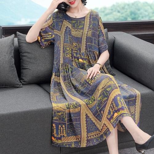 Retro Women Summer Large Size Dress 2020 Fashion New Casual Loose Printing Dress O-neck Short Sleeve Ladies Party Vestidos K800