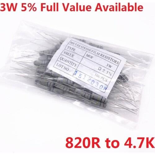 200PCS 3W Oxide Carbom Metal film Resistor 820R/910R/1K/1.2K/1.5K/1.8K/2K/2.2K/2.4K/2.7K/3K/3.3K/3.6K/3.9K/4.3K/4.7K/Ohm 5