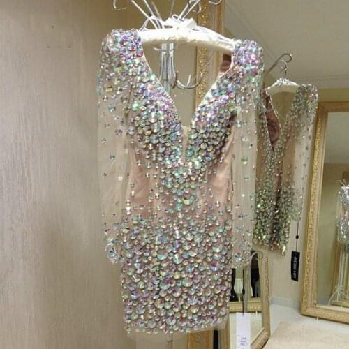 2021 Long Sleeves V Neck Backless Sexy Crystal Bead Short Prom DressesSaudi Arabia Dubai Homecoming Cocktail Party Dress
