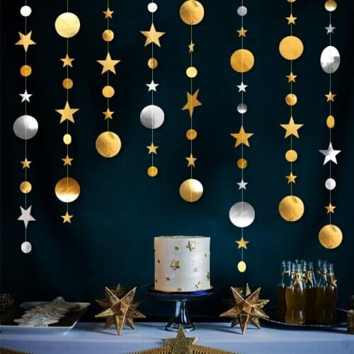 4m Mirror Paper Star Round Gold Garland Flash Banner Wedding birthday Party Favor Baby Shower Curtain Decoration accessiories