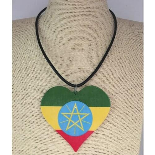 5 pcs/lot !! Newest Ethiopan Flag Heart Wooden Pendant Necklace