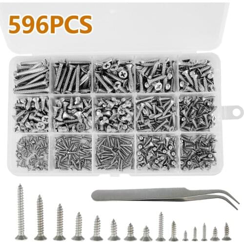 596pcs M2 M3 M4 flat head phillips Self Tapping screw set Stainless Steel Wood Screw Assortment Kit Countersunk