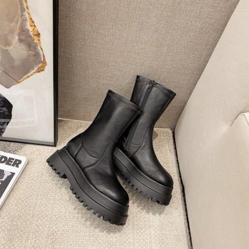 Winter low-barrel viscose shoes round-headed Martin boots PU leather black faux fur womens heeled snow boots