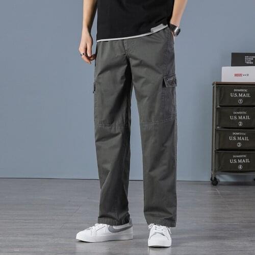 Mens Relaxed Fit Straight Leg Cargo Pant Cotton Drawstring Elastic Waist Casual Pants Summer Autumn Loose Trousers Lightweight
